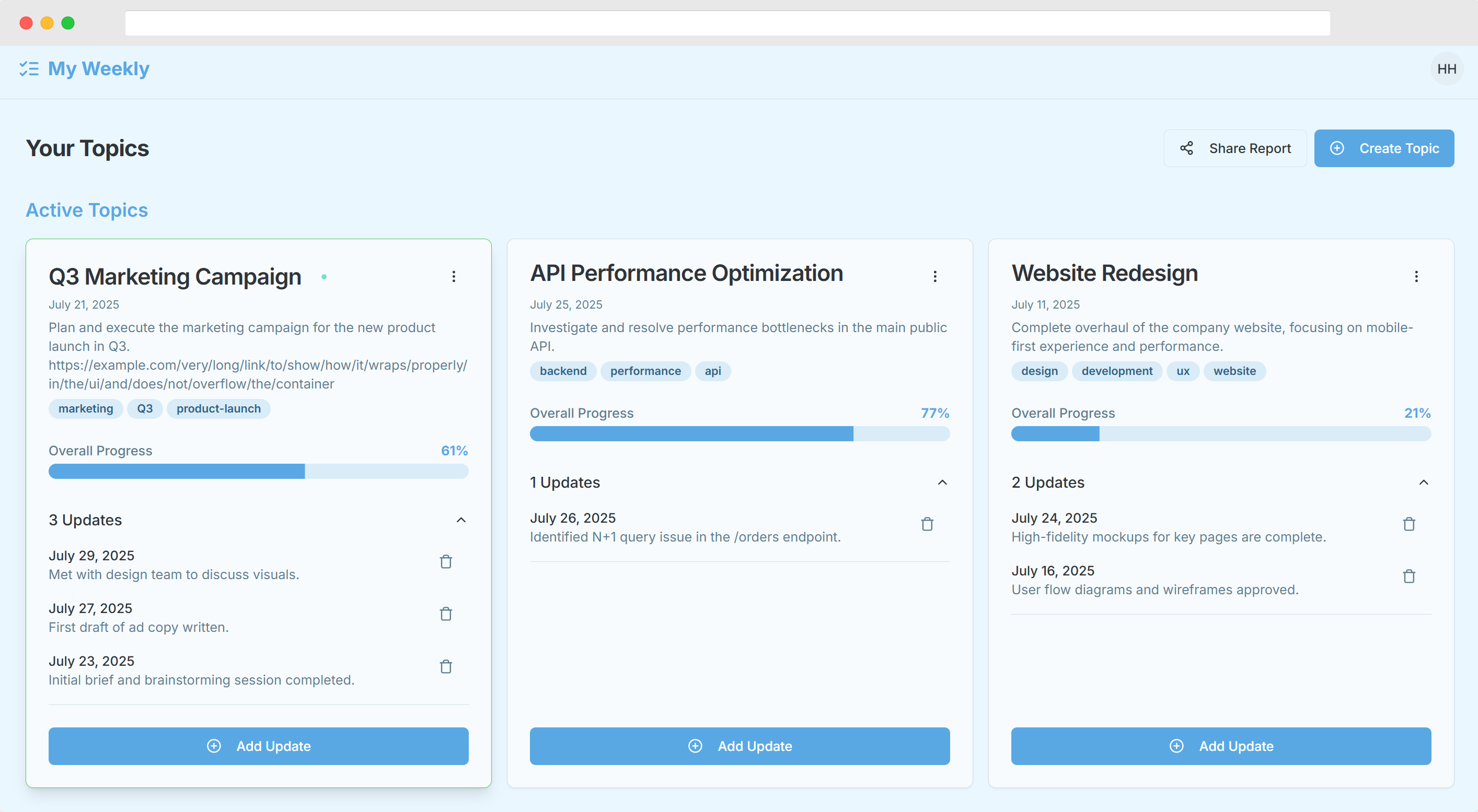 App screenshot showing topic tracking and sharing
